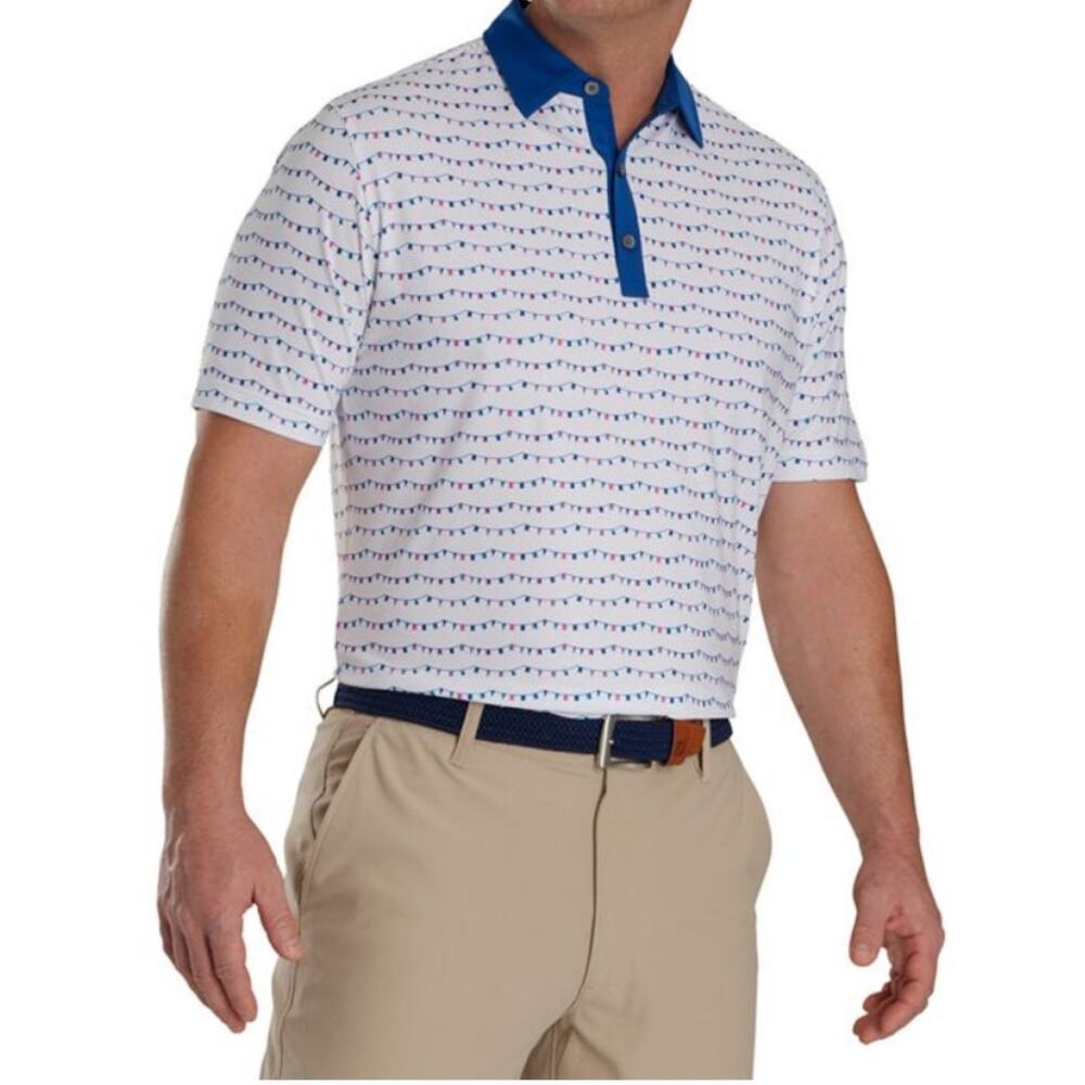 Foot Joy Men's White Flag Banner Print Lisle Golf Polo Shirt Size L